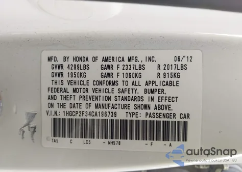 2012 Honda Accord 2.4 Lx z USA, uszkodzony, nr VIN 1HGCP2F34CA196739